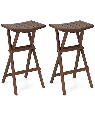 Gouun Backless Folding Counter Height Bar Stools Set of 2 with Teak Wood Frame and Saddle Seat