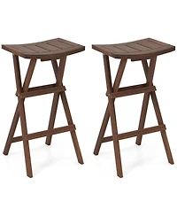 Gouun Backless Folding Counter Height Bar Stools Set of 2 with Teak Wood Frame and Saddle Seat