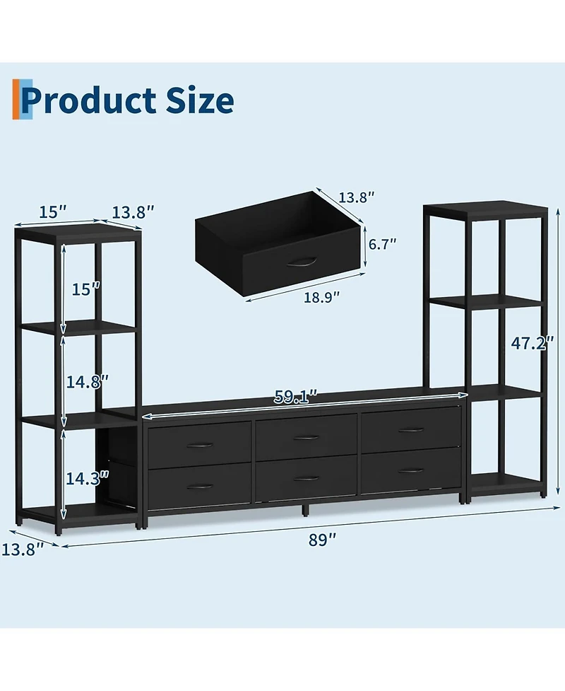 gaomon Tv Stand Dresser for 75 Inch Tv, Large Entertainment Center with Fabric Drawers & 4 Tier Storage Shelves, Modern Industrial Tv Console