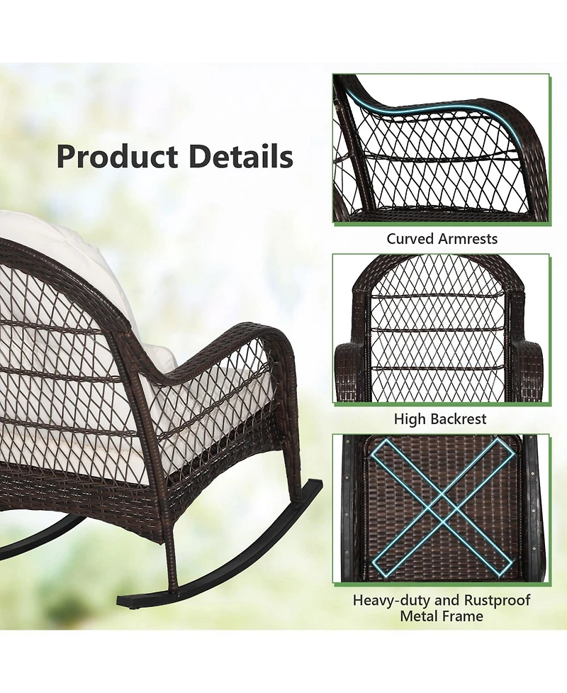 Gymax Patio Wicker Rocking Chair Seat Cushions and Lumbar Pillow Porch