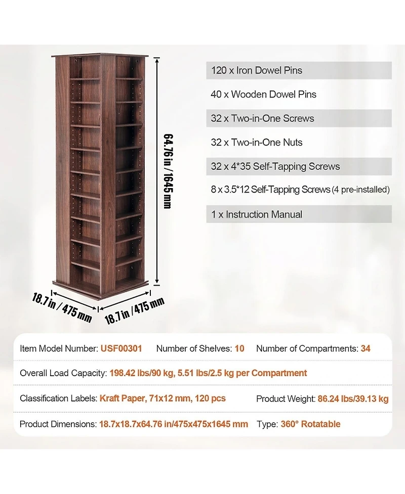 Sugift Media Storage Cabinet, Rotating Tower, Holds 1040 CDs, Espresso Finish