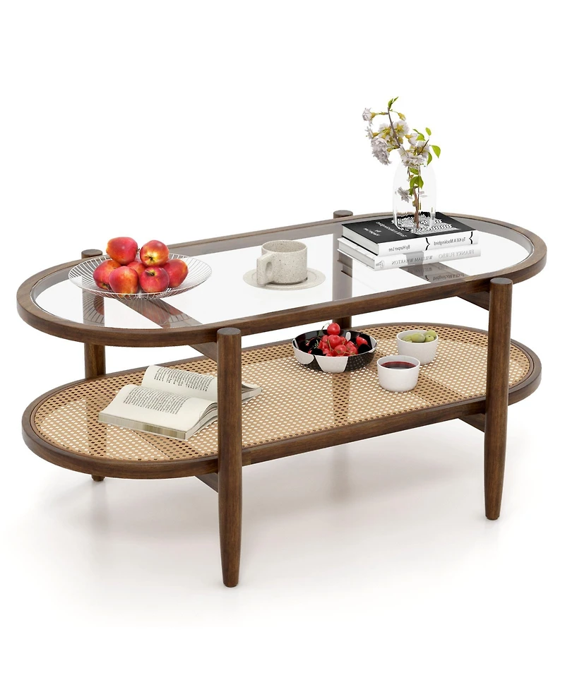 sumyeg Tempered Glass Tabletop and Acacia Wood Frame 2-Tier Coffee Table