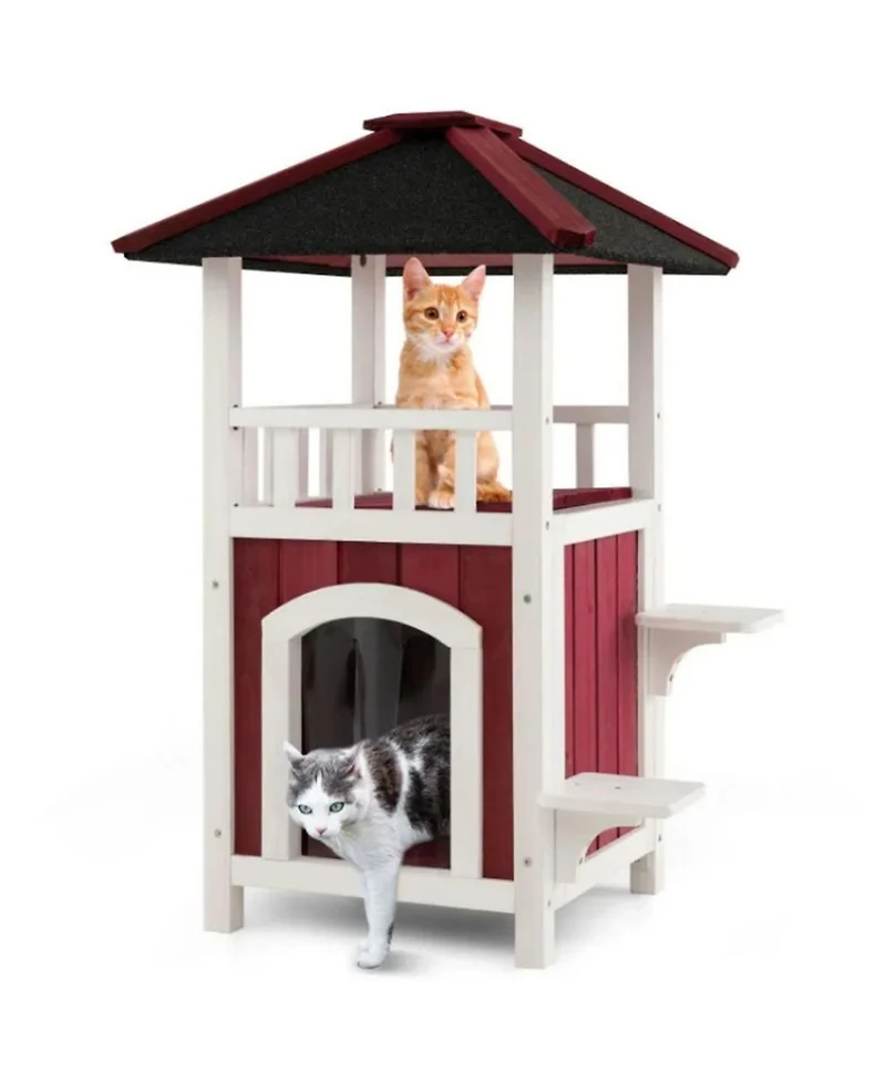 Zeus & Ruta 2 Story Wooden Cat House with Asphalt Roof Balcony and Rain Curtain for Outdoor Use