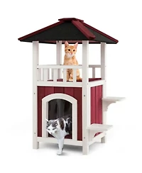 Zeus & Ruta 2 Story Wooden Cat House with Asphalt Roof Balcony and Rain Curtain for Outdoor Use