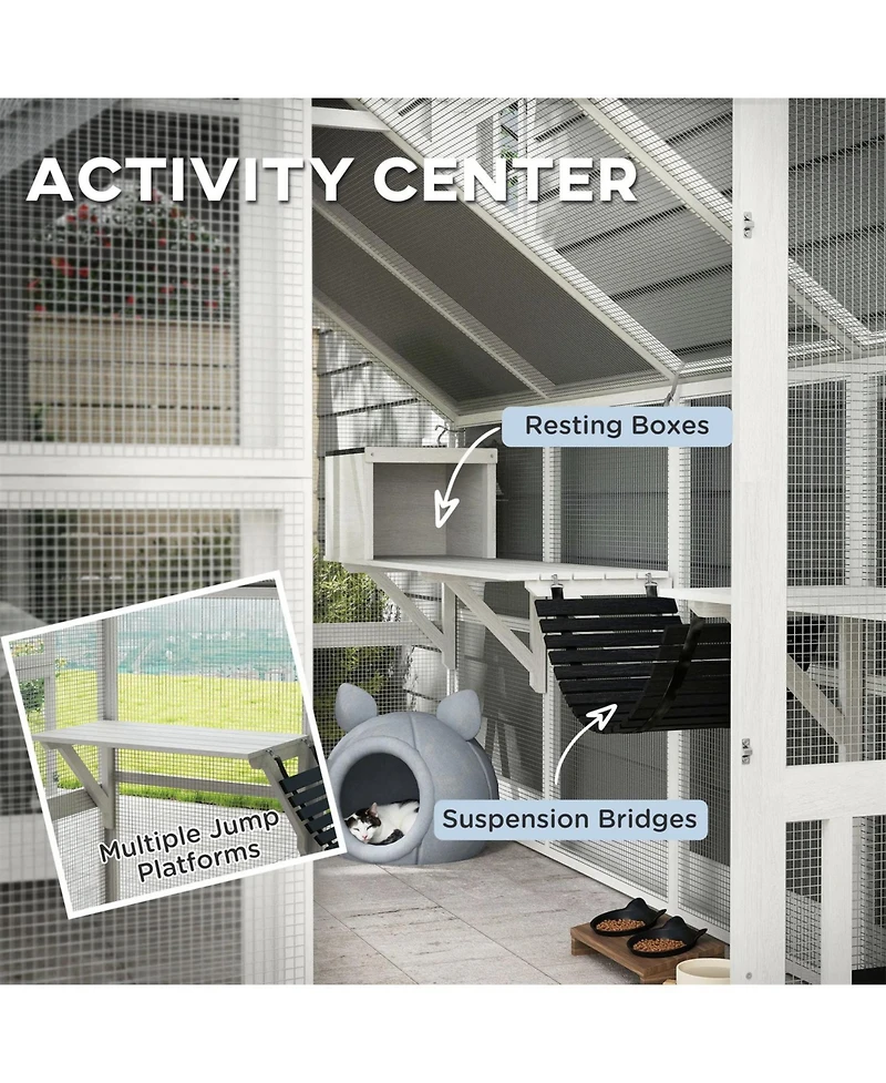 Zeus & Ruta Wooden Catio Outdoor Cat Enclosure with Waterproof Cover, 2 Condos, 6 Platforms, Bridge, Doors