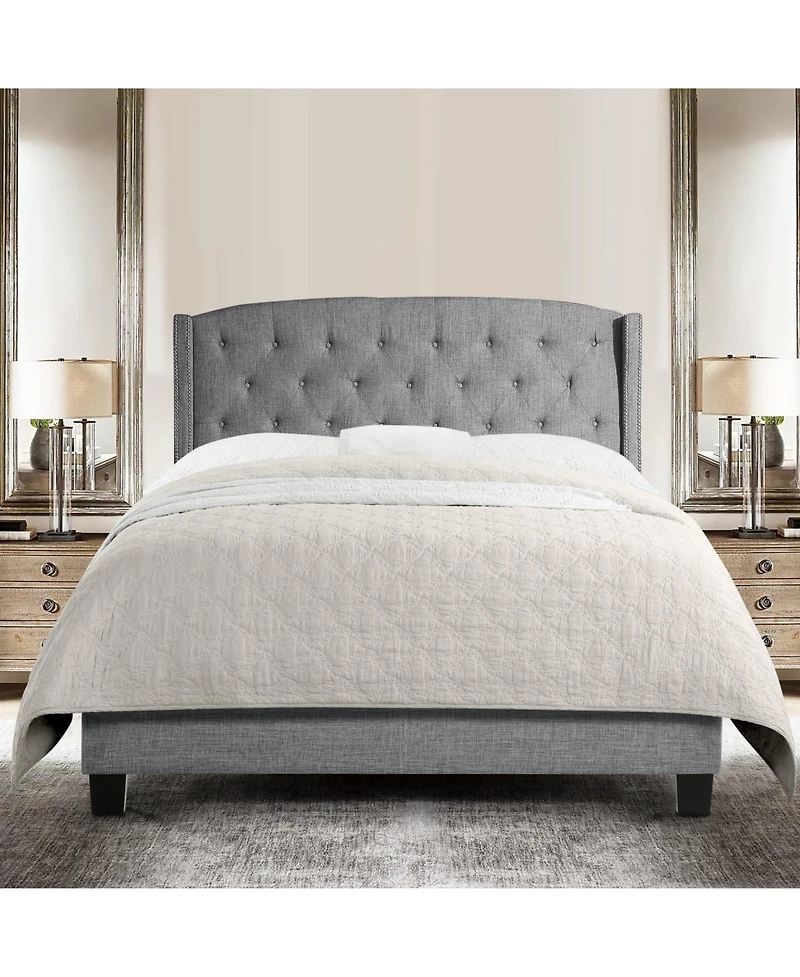 Boyel Living High Back Upholstered Bed Frame with Studded Detail Platform Bed with Solid Wood Frame Soft Fabric