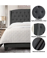 Boyel Living High Back Upholstered Bed Frame with Studded Detail Platform Solid Wood and Soft Fabric
