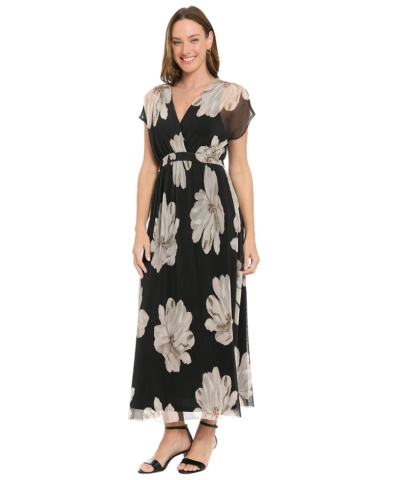 London Times Petite Printed Surplice Neck Maxi Dress