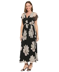 London Times Petite Printed Surplice Neck Maxi Dress