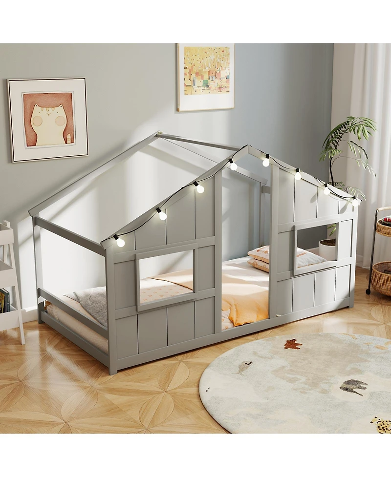Sugift House Bed Montessori Floor Bed with Led Lights
