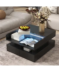 Rainsken Modern Square Lift-Top Coffee Table with 2 Drawers, Hidden Storage, Led Lighting and High-Gloss Surface for Living Room
