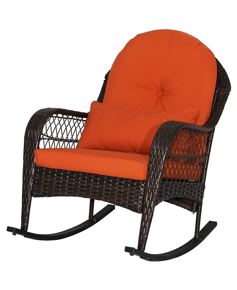 Gymax Wicker Rocking Chair w/ Orange Seat Back Cushions and Lumbar Pillow Balcony Patio