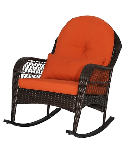 Gymax Wicker Rocking Chair w/ Orange Seat Back Cushions and Lumbar Pillow Balcony Patio