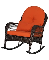 Gymax Wicker Rocking Chair w/ Orange Seat Back Cushions and Lumbar Pillow Balcony Patio