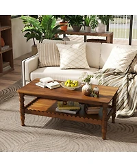 Rainsken Rectangle Coffee Table, Solid Wood Center Table, Farmhouse 2-Tier Sofa Table, Wave-Edge Design for Living Room