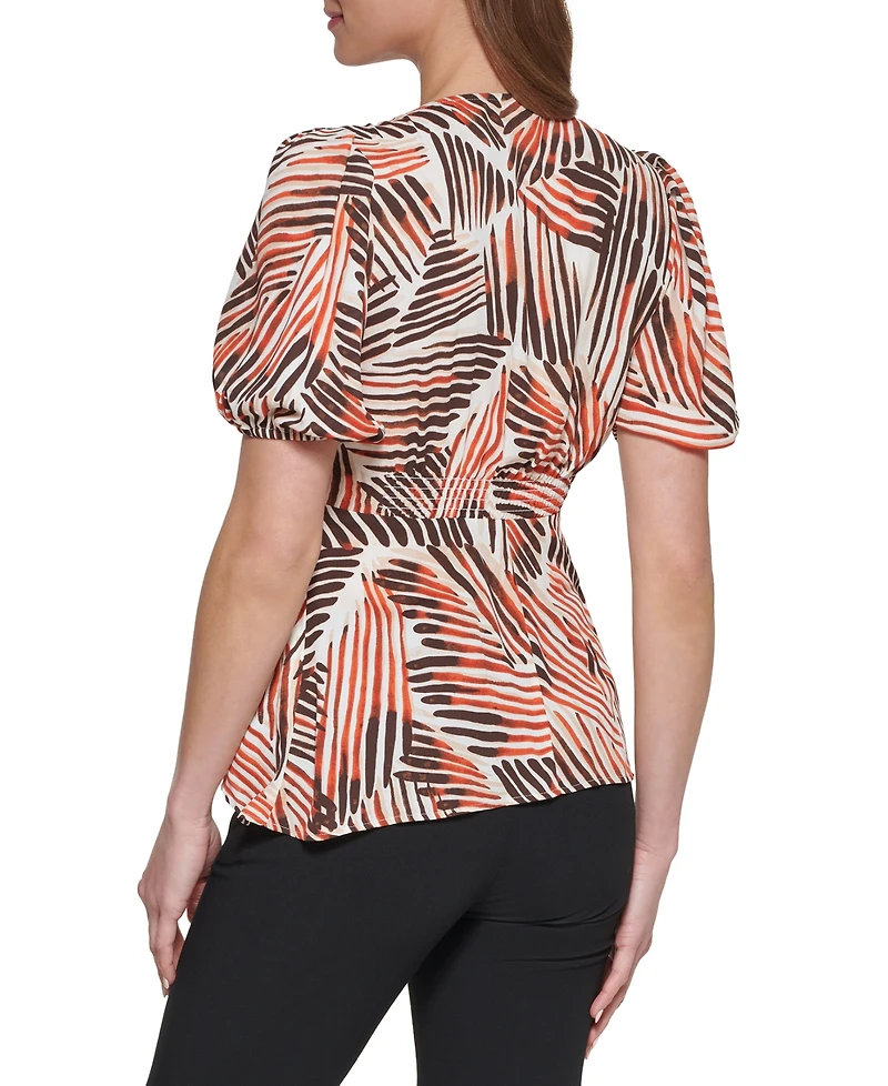 Dkny Petite Short-Sleeve Printed V-Neck Blouse