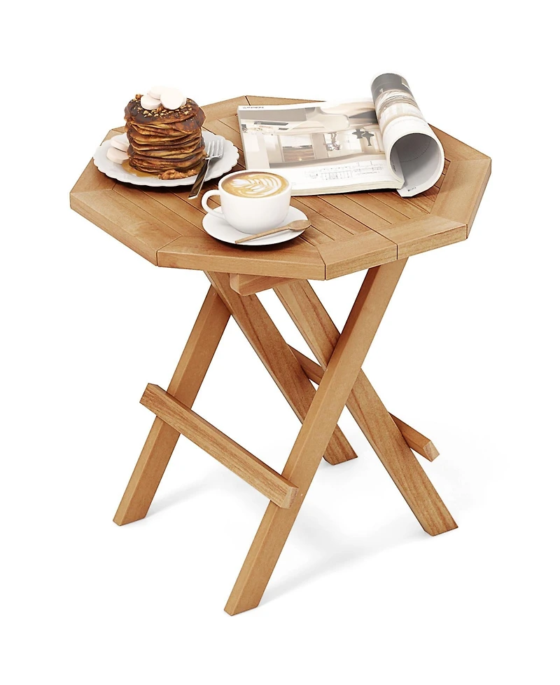 Gymax Patio Folding Side Table w/ X-shaped Legs and Slatted Tabletop for Backyard