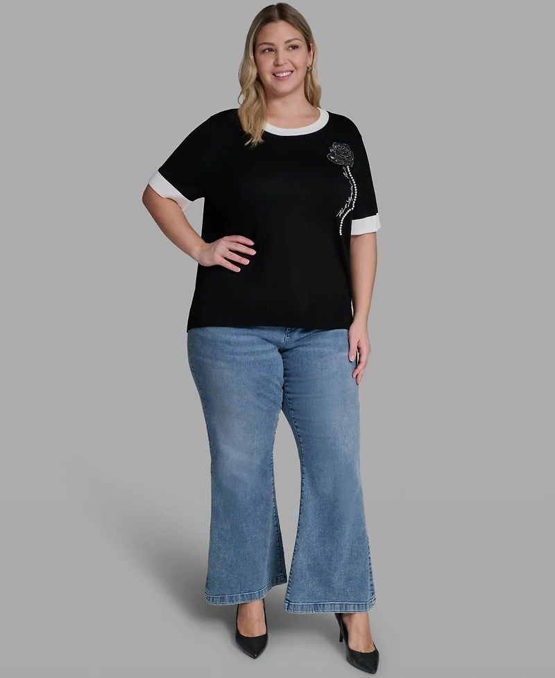 Karl Lagerfeld Paris Plus Pearl Flower-Detail Pull-On Sweater