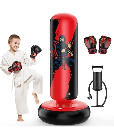 Qpau Punching Bag for Kids, 66 Inch Stable Inflatable Boxing Bag with Boxing Gloves, Stand Kids Punching Bag Toy for Boys