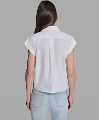 Karl Lagerfeld Paris Petite Bow Scenic Poplin Collared Shirt