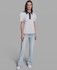 Karl Lagerfeld Paris Petite Button-Up Polo Collar Top