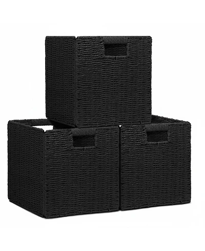 Yigii 3 Pack Wicker Storage Baskets Foldable Handwoven Square Organizer Bins Rustic Decorative Shelf Closet Organizers