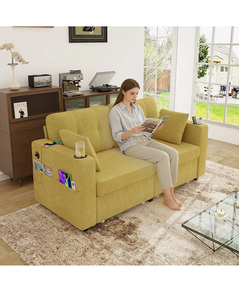 Rainsken Compact Loveseat Sofa, 67" Chenille 2-Seater Couch Featuring Storage, Usb Charging and Cup Holder for Small Spaces