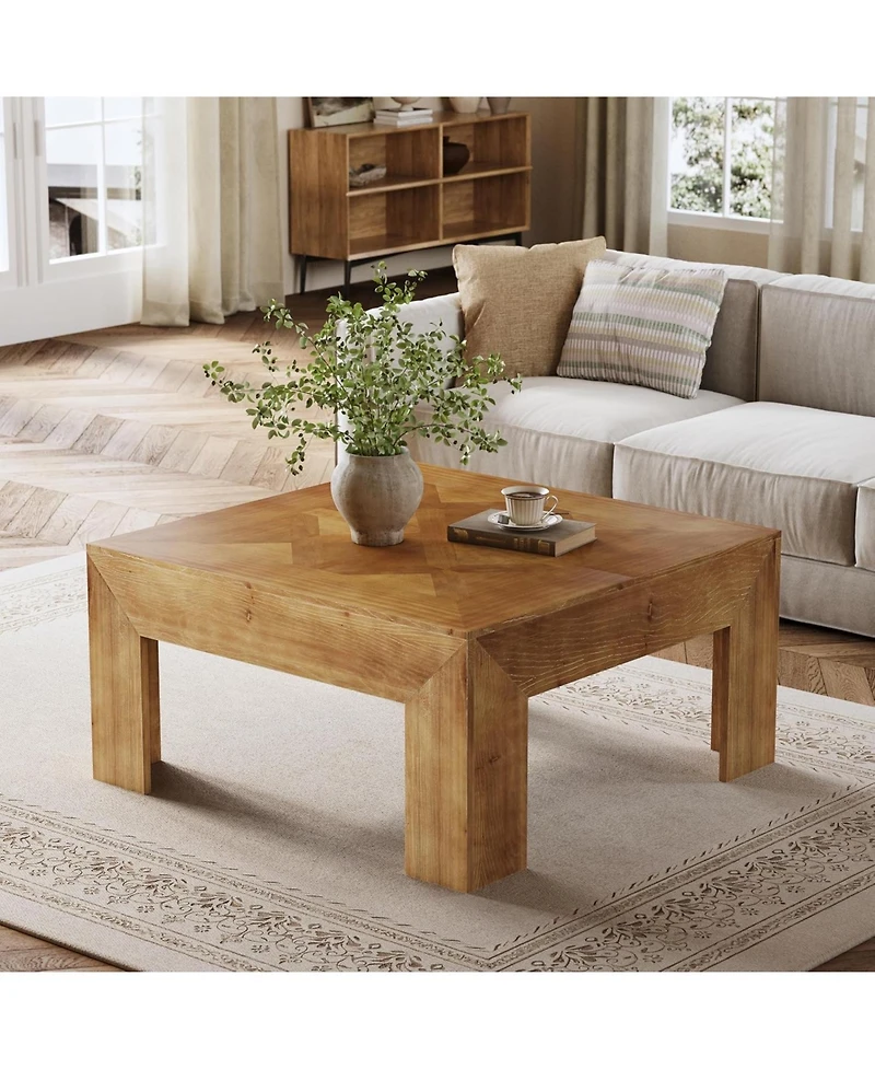 Tribesigns 39.4" Solid Wood Coffee Table, Square Coffee Table with Intricate Inlaid Top and Sturdy Legs, Rustic Center Tables