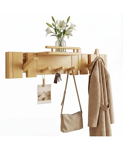 Yigii Mid Century Modern Solid Wood Wall Coat Hanger with Shelf Piano Key Hooks Heavy Duty Entryway Bathroom Storage Rack