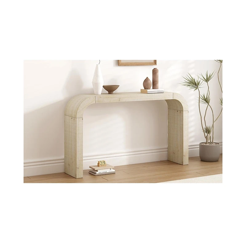 Flynama 52in Wood Console Table Curved Edge Cedar Veneer Natural For Entryway Living Room