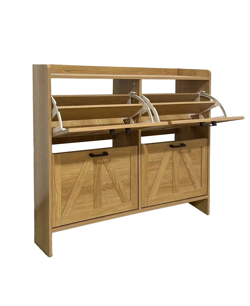 Flynama Rustic Barn Door Shoe Cabinet 4 Flip Drawers Space Saving Entryway Organizer