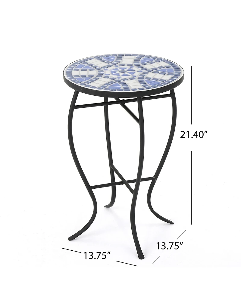 Clihome Outdoor Round Side Table with Mosaic-Style Top and Curved Iron Legs, End Table