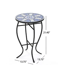 Clihome Outdoor Round Side Table with Mosaic-Style Top and Curved Iron Legs, End Table