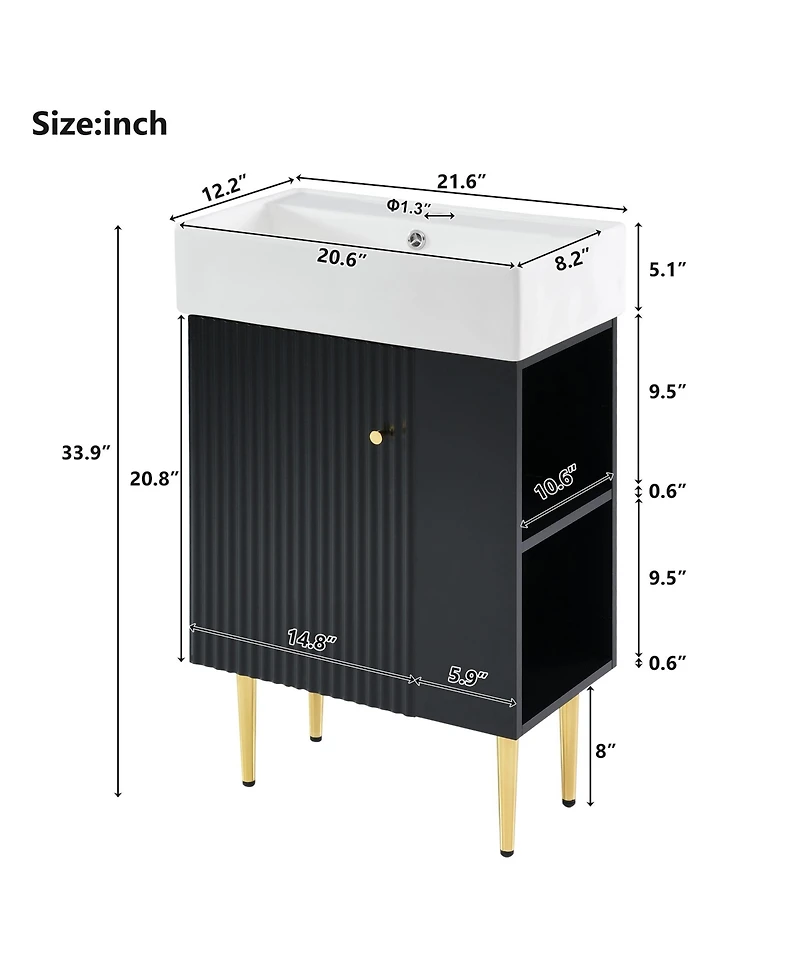 Casainc 21.6" Bathroom Vanity with Ceramic Sink, Bathroom Storage Cabinet with Right Side Storage