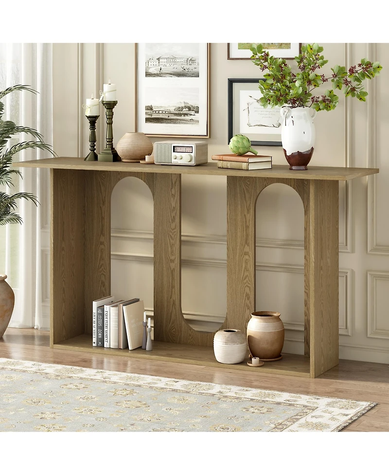 Flynama Modern Curved Ash Veneer Console Table With Shelf For Hallway Foyer Corridor