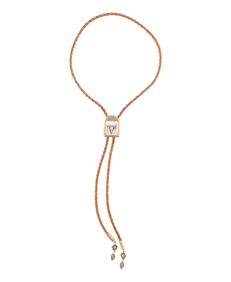 Barse Steer Skull Green Aventurine Golden Leather Bolo Necklace