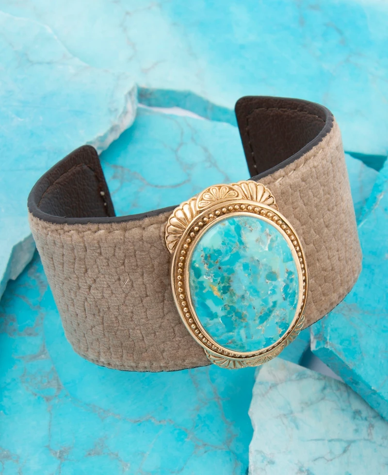 Barse Blue Turquoise Velvet Cuff Golden Bracelet