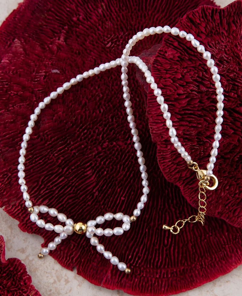 Barse White Freshwater Pearl Bow Golden Necklace