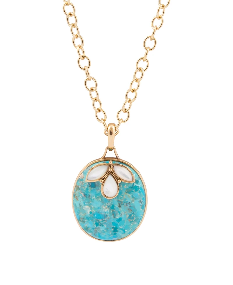 Barse Turquoise and White Mother of Pearl Petal Golden Pendant Necklace