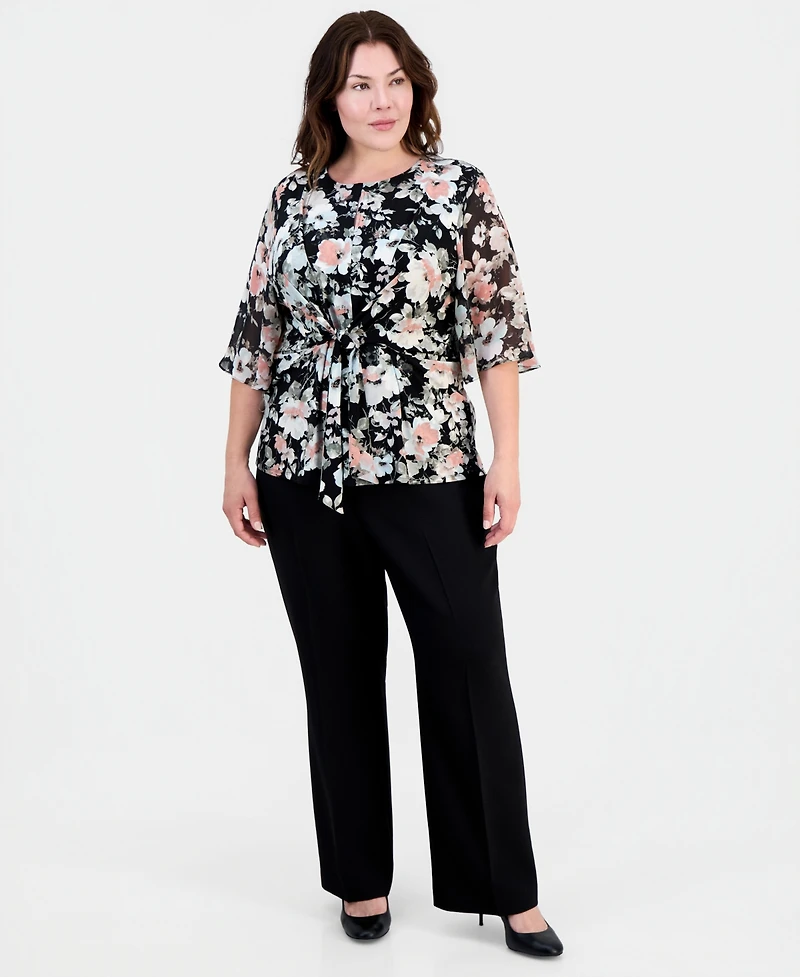 Kasper Plus Printed Knot-Front Flutter-Sleeve Top