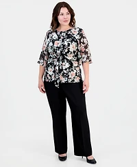 Kasper Plus Printed Knot-Front Flutter-Sleeve Top