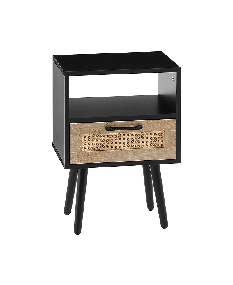sumyeg Modern Rattan End Table with Drawer and Solid Wood Legs Nightstand Cabinet