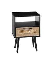 sumyeg Modern Rattan End Table with Drawer and Solid Wood Legs Nightstand Cabinet