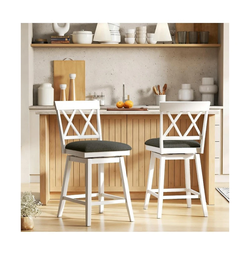 Gouun 24 in Swivel Counter Height Bar Stool Set of 2 with Linen Cushion and Curved Backrest