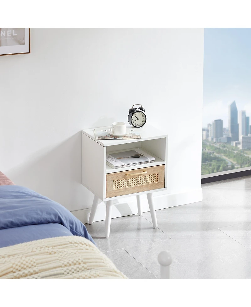 sumyeg Modern Rattan End Table with Drawer and Solid Wood Legs Nightstand Cabinet