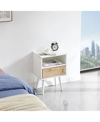 sumyeg Modern Rattan End Table with Drawer and Solid Wood Legs Nightstand Cabinet