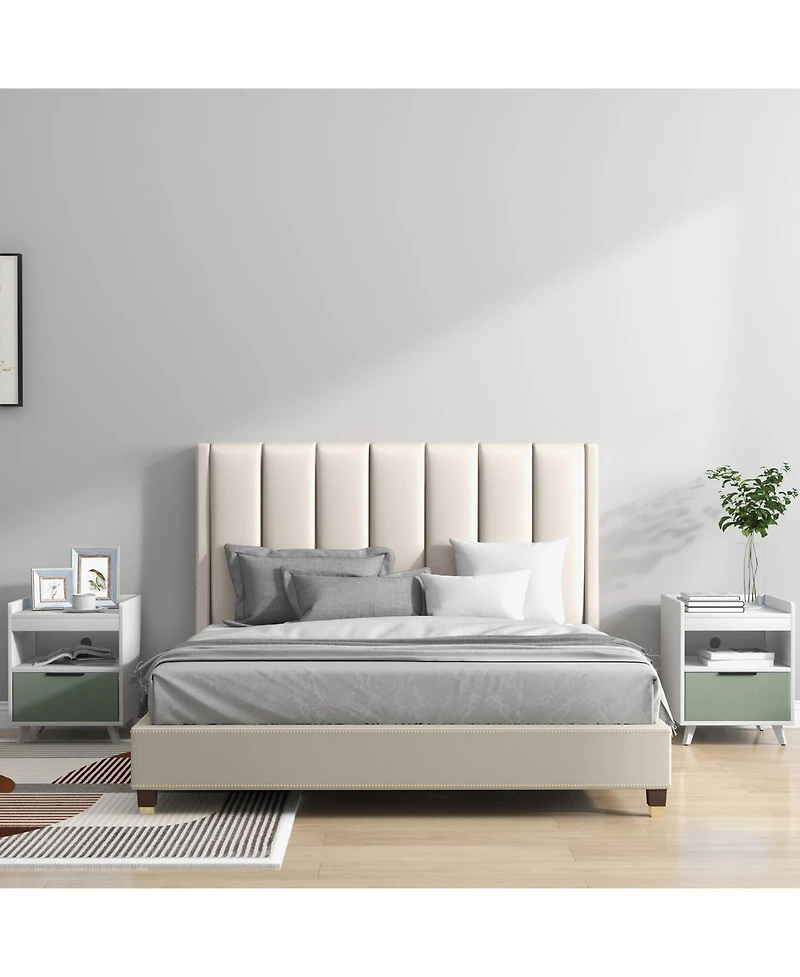 sumyeg Modern Nightstand with Led Lights Sliding Drawer and Open Compartment