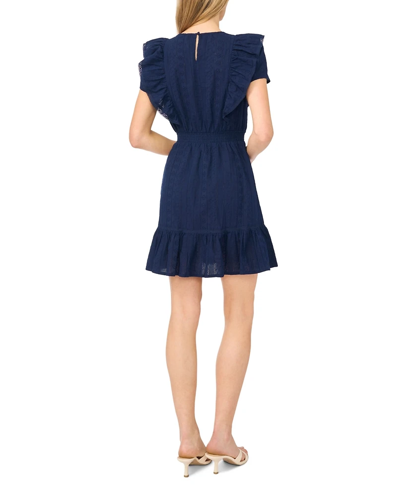 CeCe Women's Short-Sleeve Crewneck Ruffle-Front Cotton Mini Dress