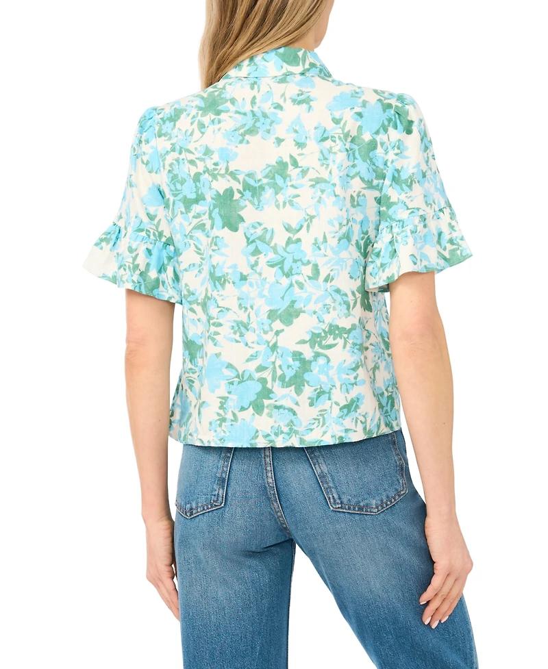 CeCe Women's Short-Sleeve Button-Down Cropped Top