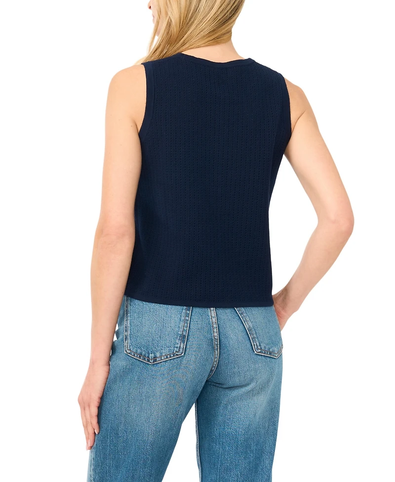 CeCe Women's Pointelle Sleeveless Button-Up Cotton Tank Top